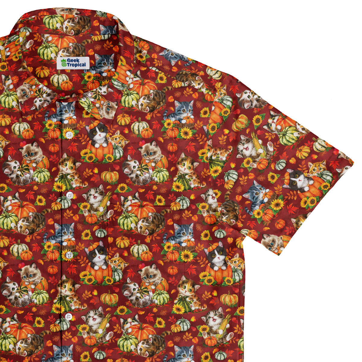 Autumn Pumpkin Kittens Button Up Shirt Top Corner