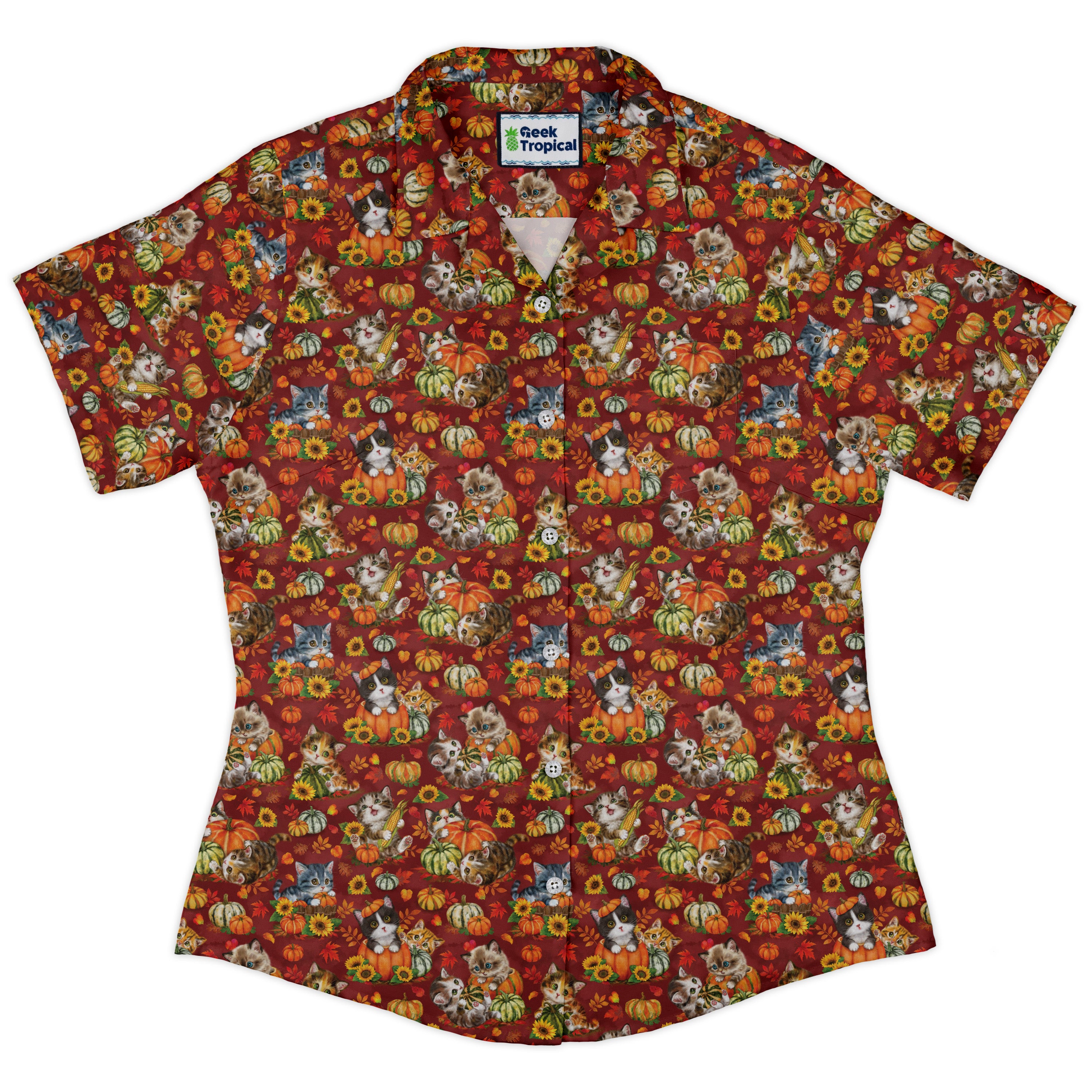 Autumn Pumpkin Kittens Curvy Button Up Shirt womens front
