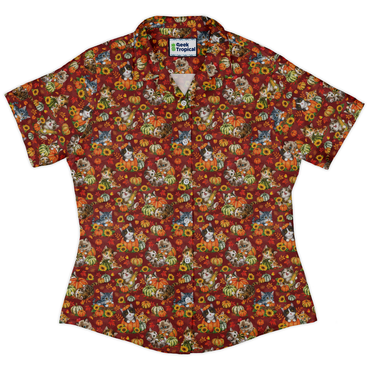 Autumn Pumpkin Kittens Curvy Button Up Shirt womens front