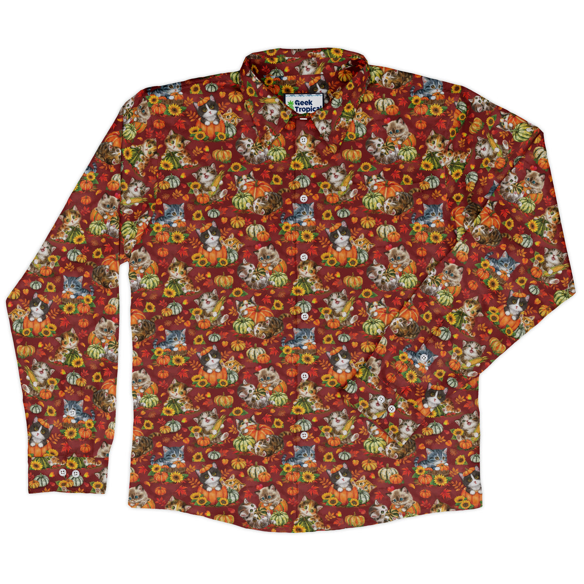 Autumn Pumpkin Kittens Long Sleeve Button Up Shirt front