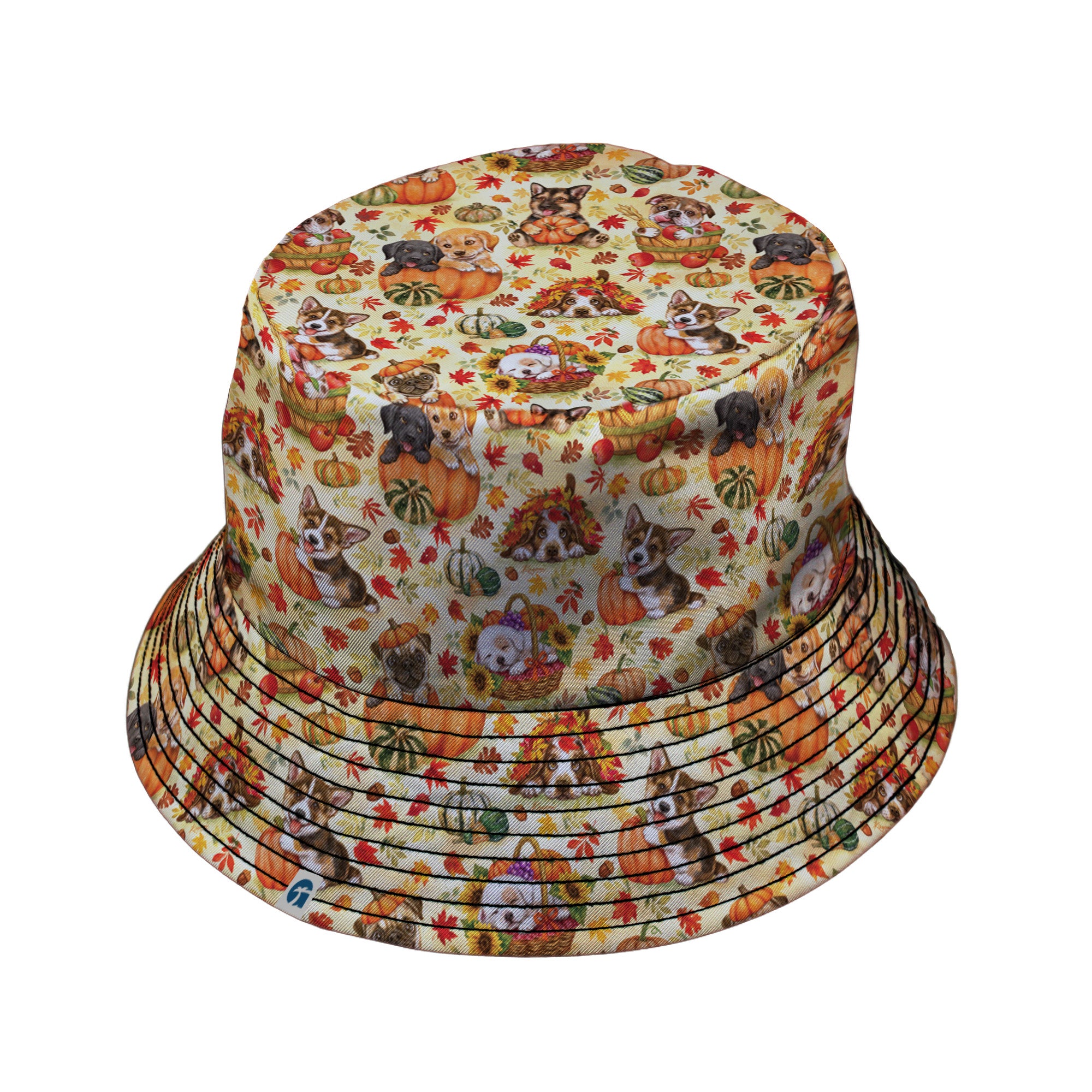Autumn Pumpkin Puppies Bucket Hat Black Stitching