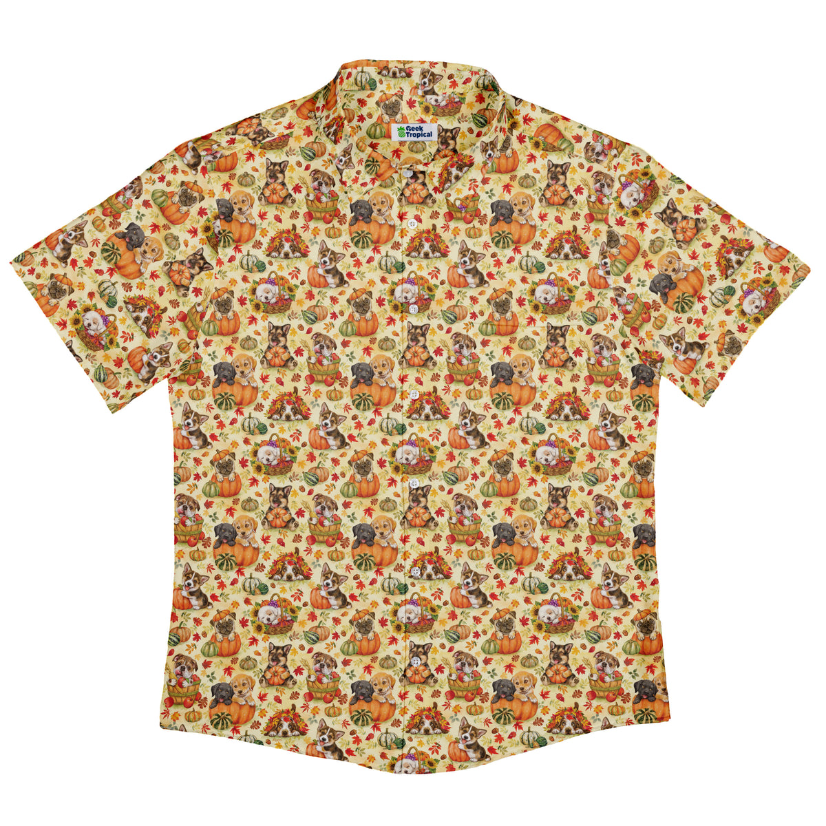 Autumn Pumpkin Puppies Button Up Shirt Flat Front