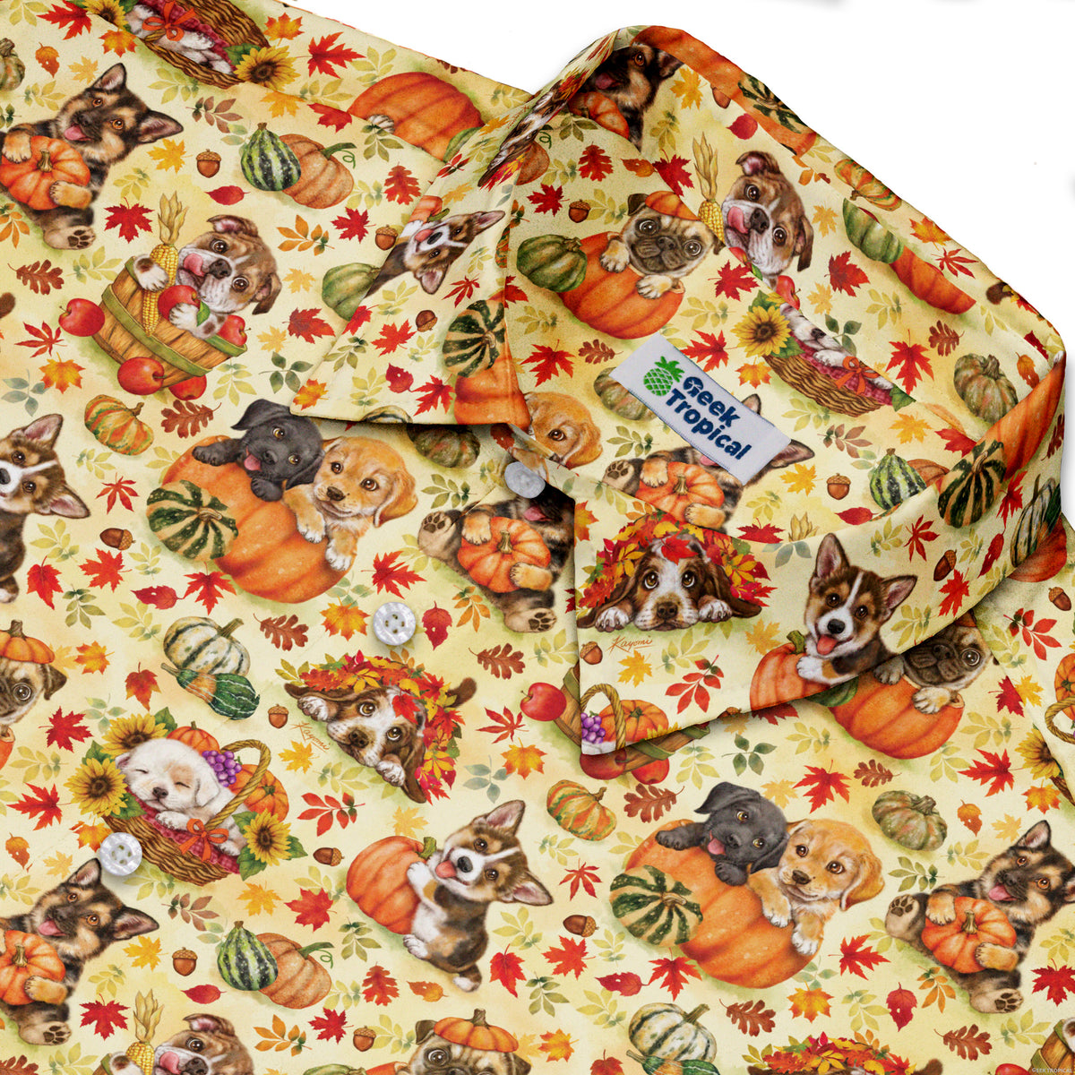 Autumn Pumpkin Puppies Button Up Shirt Neck