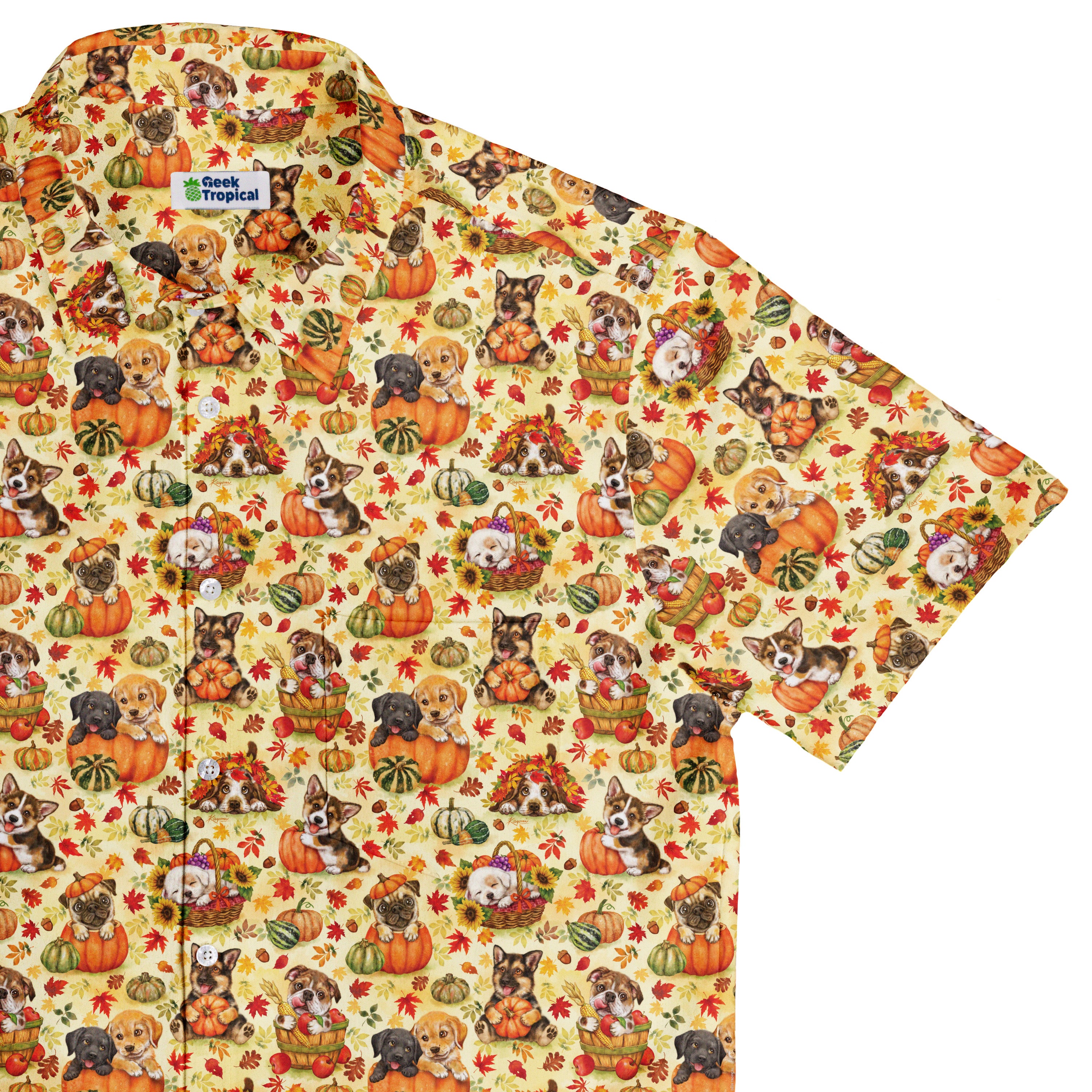 Autumn Pumpkin Puppies Button Up Shirt Top Corner