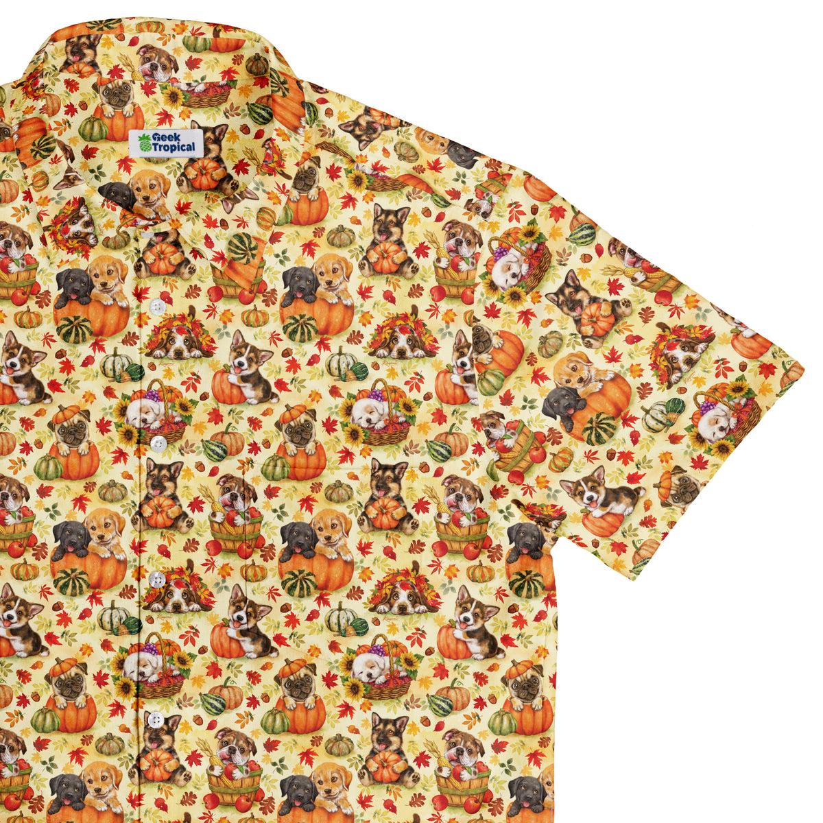 Autumn Pumpkin Puppies Button Up Shirt Top Corner