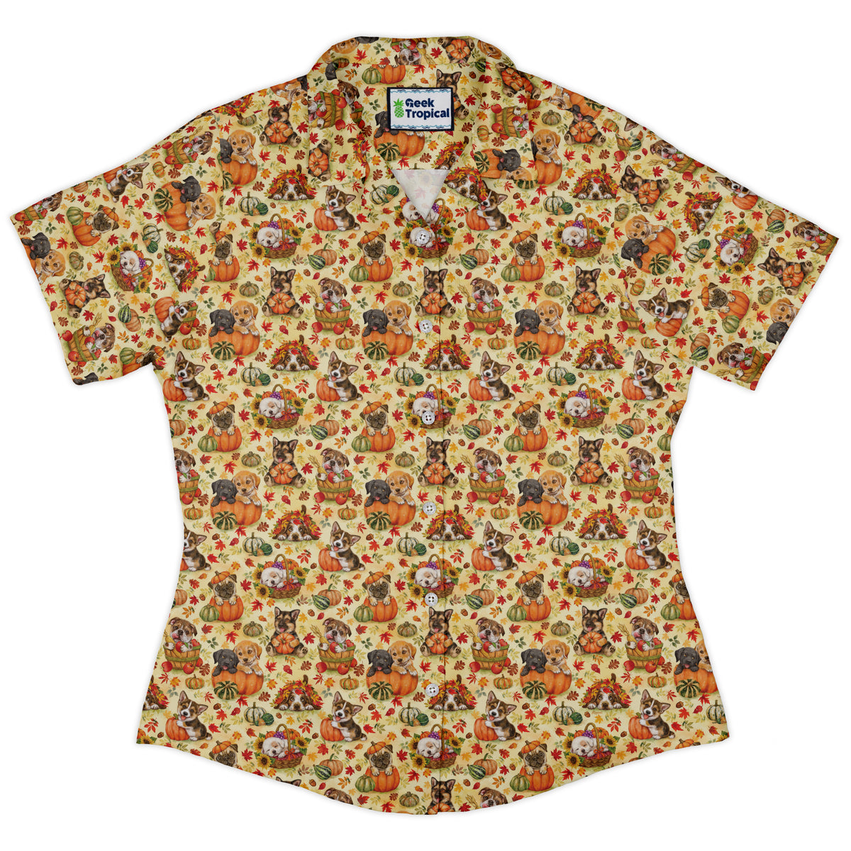 Autumn Pumpkin Puppies Curvy Button Up Shirt womens front