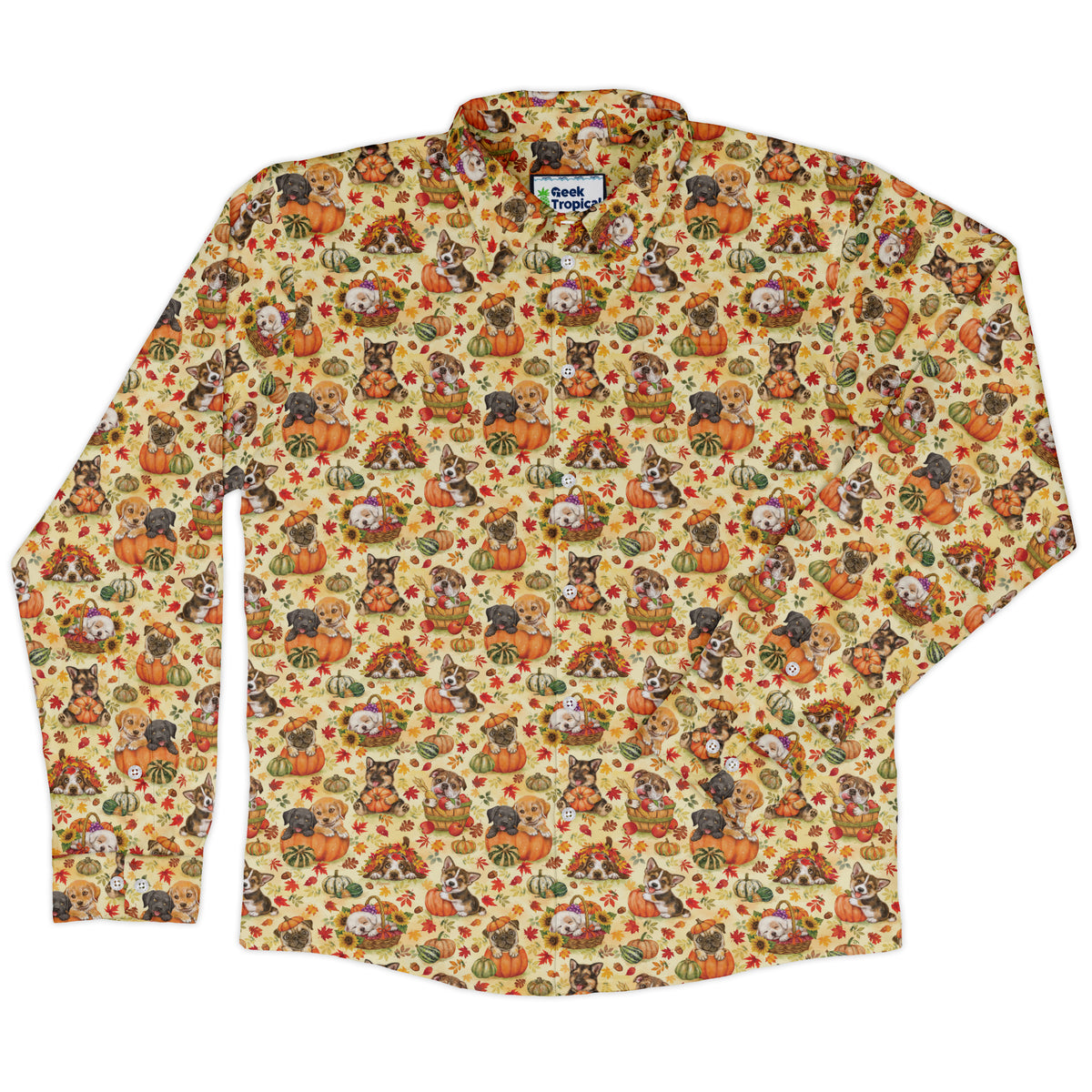 Autumn Pumpkin Puppies Long Sleeve Button Up Shirt front