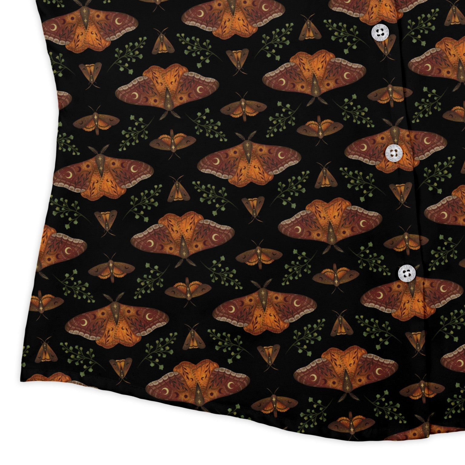 Autumn Underwing Moths Curvy Button Up Shirt womens corner