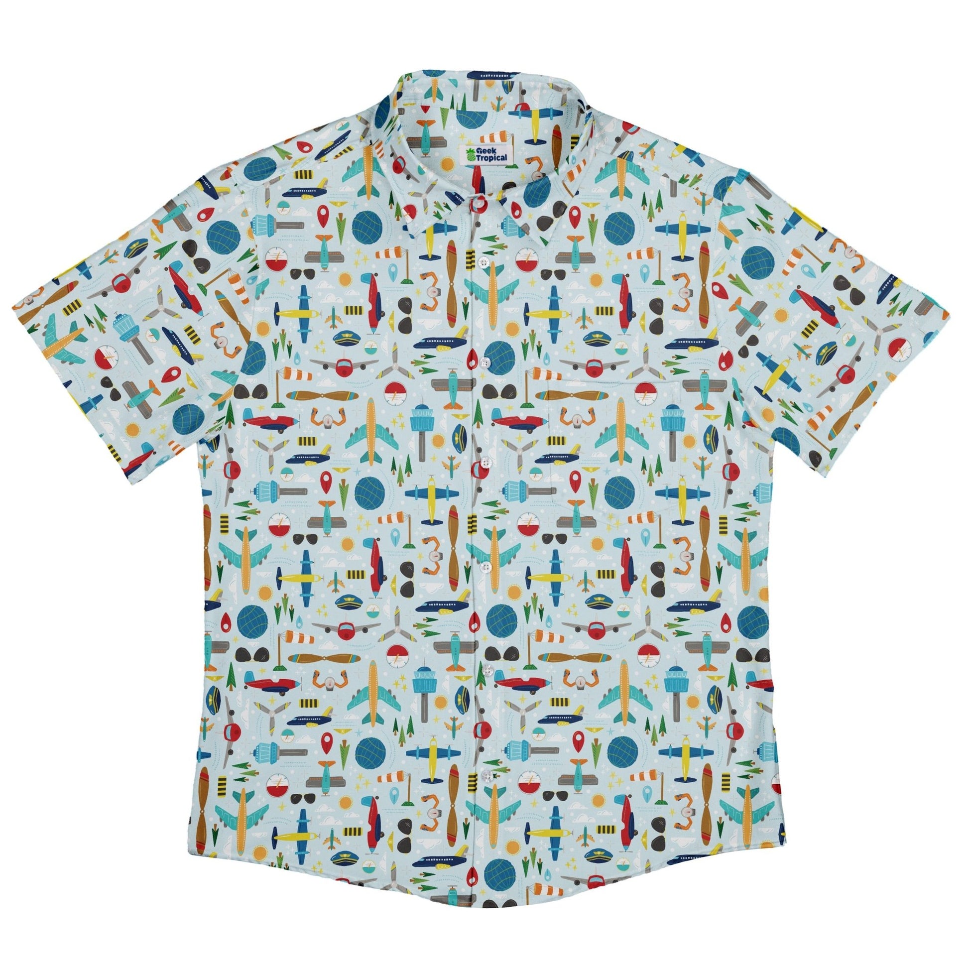Aviation Adventure Button Up Shirt Geek Nerd adult sizing aviation print Design by Zirkus Design