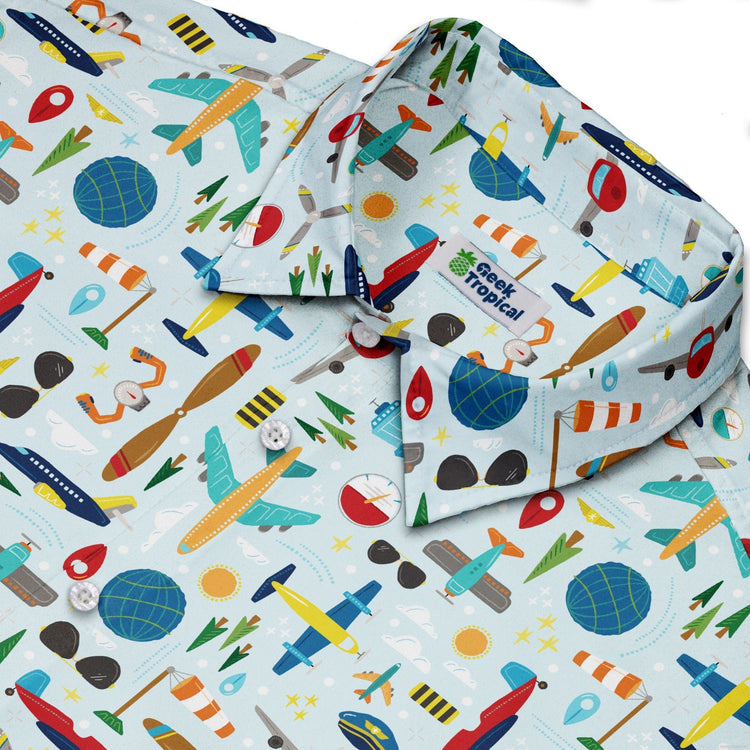 Aviation Adventure Button Up Shirt Geek Nerd adult sizing aviation print Design by Zirkus Design