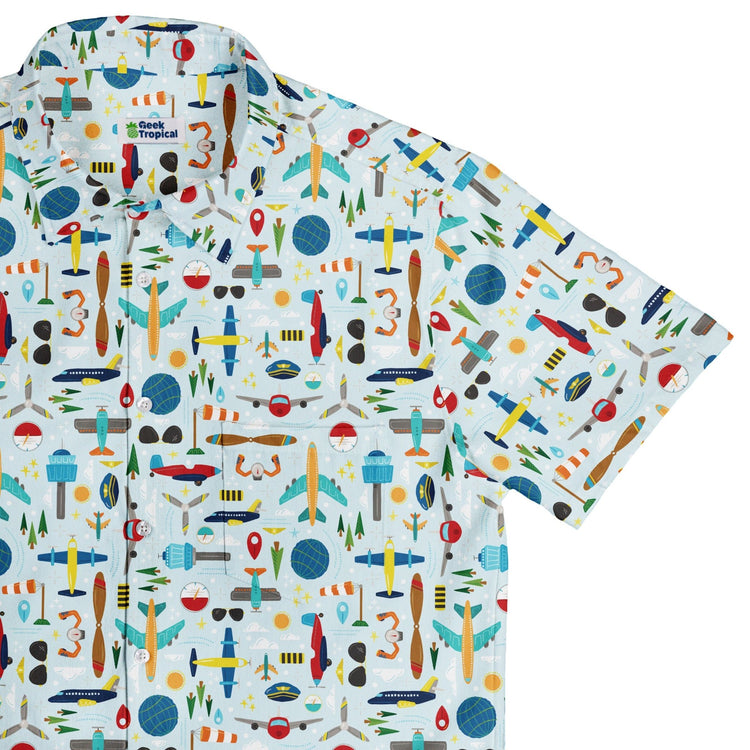 Aviation Adventure Button Up Shirt Geek Nerd adult sizing aviation print Design by Zirkus Design