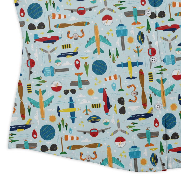 Aviation Adventure Curvy Button Up Shirt Geek Nerd aviation print Design by Zirkus Design q225