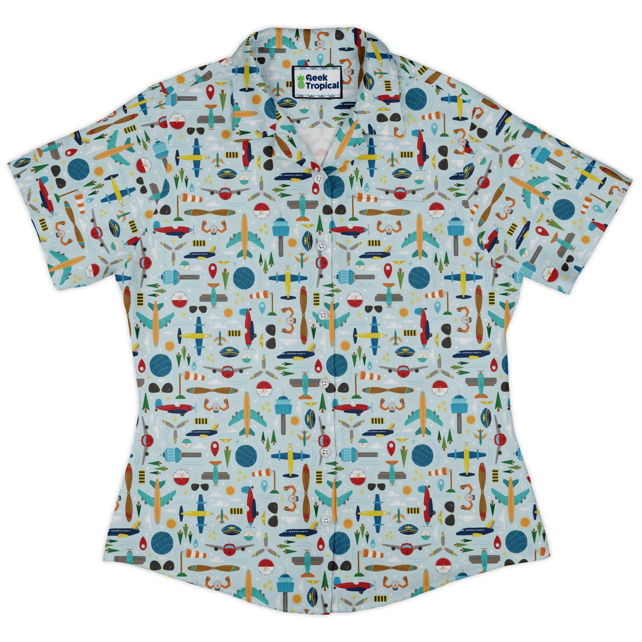 Aviation Adventure Curvy Button Up Shirt Geek Nerd aviation print Design by Zirkus Design q225