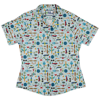 Aviation Adventure Curvy Button Up Shirt Geek Nerd aviation print Design by Zirkus Design q225