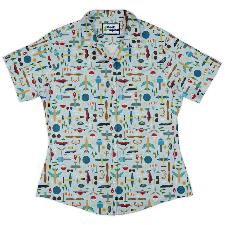 Aviation Adventure Curvy Button Up Shirt Geek Nerd aviation print Design by Zirkus Design q225