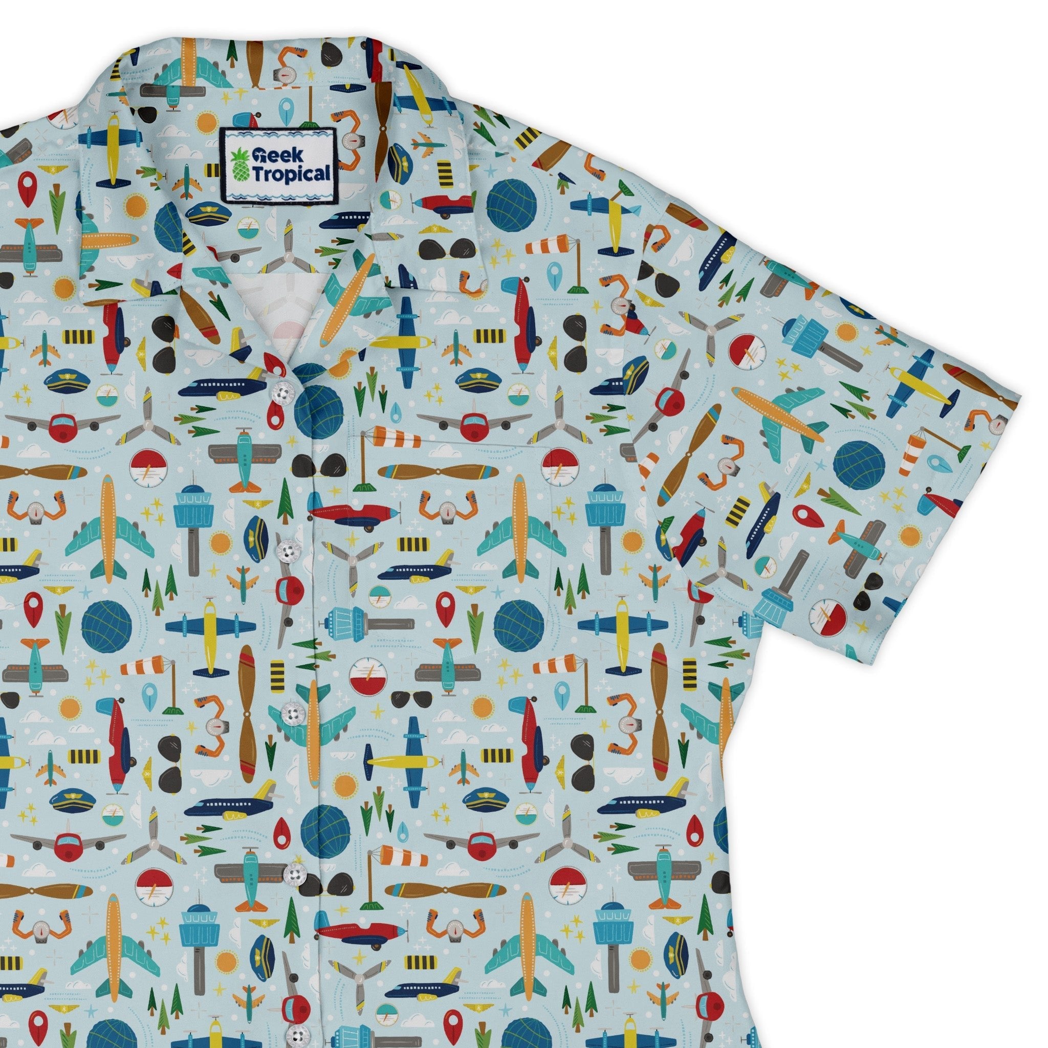 Aviation Adventure Curvy Button Up Shirt Geek Nerd aviation print Design by Zirkus Design q225