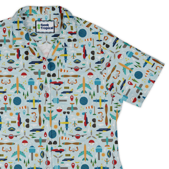 Aviation Adventure Curvy Button Up Shirt Geek Nerd aviation print Design by Zirkus Design q225