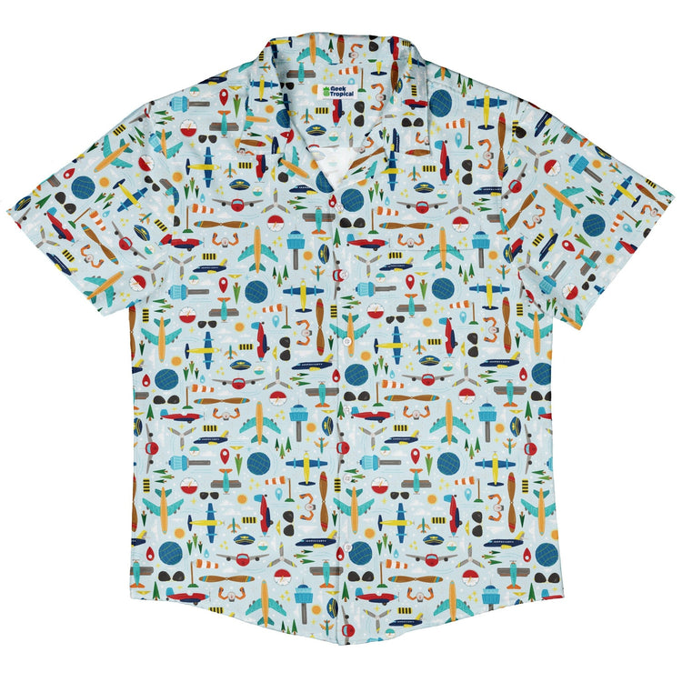 Aviation Adventure Button Up Shirt Geek Nerd adult sizing aviation print Design by Zirkus Design