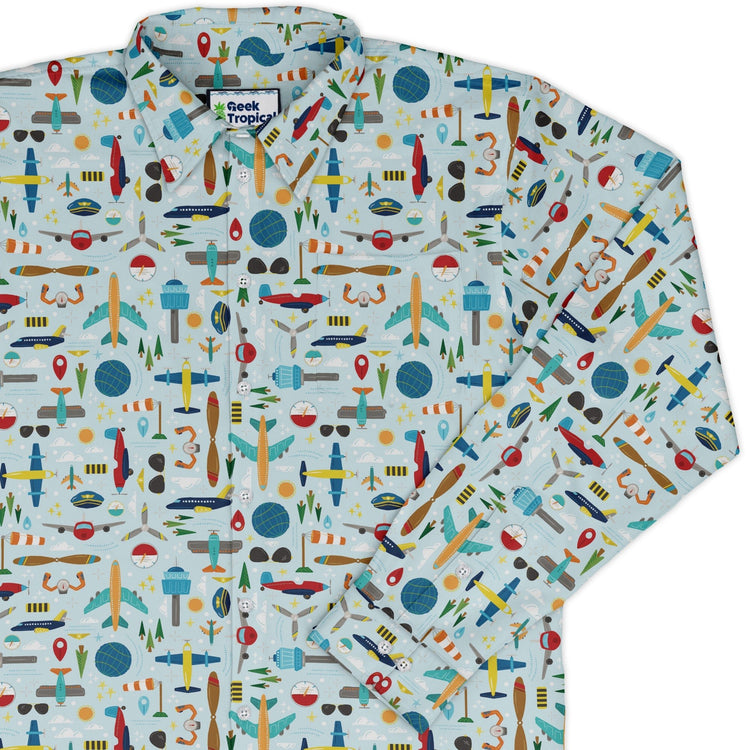 Aviation Adventure Long Sleeve Button Up Shirt Geek Nerd adult sizing aviation print Design by Zirkus Design