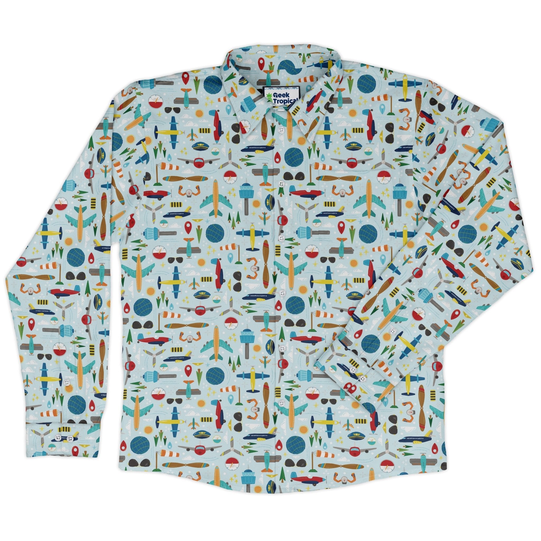 Aviation Adventure Long Sleeve Button Up Shirt Geek Nerd adult sizing aviation print Design by Zirkus Design