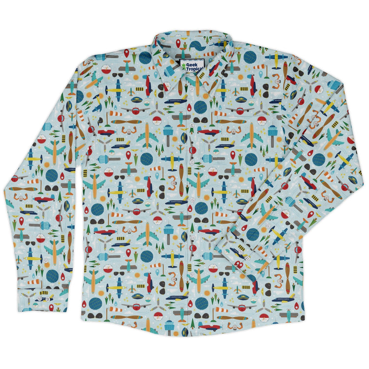 Aviation Adventure Long Sleeve Button Up Shirt Geek Nerd adult sizing aviation print Design by Zirkus Design