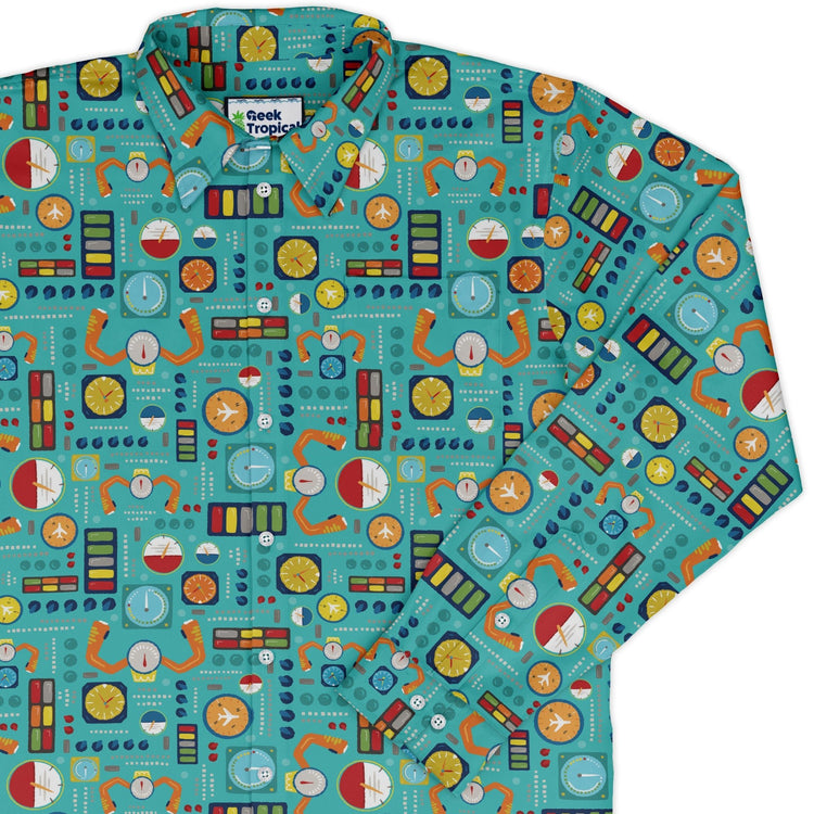 Aviation Adventure instrument Long Sleeve Button Up Shirt Geek Nerd adult sizing aviation print Design by Zirkus Design