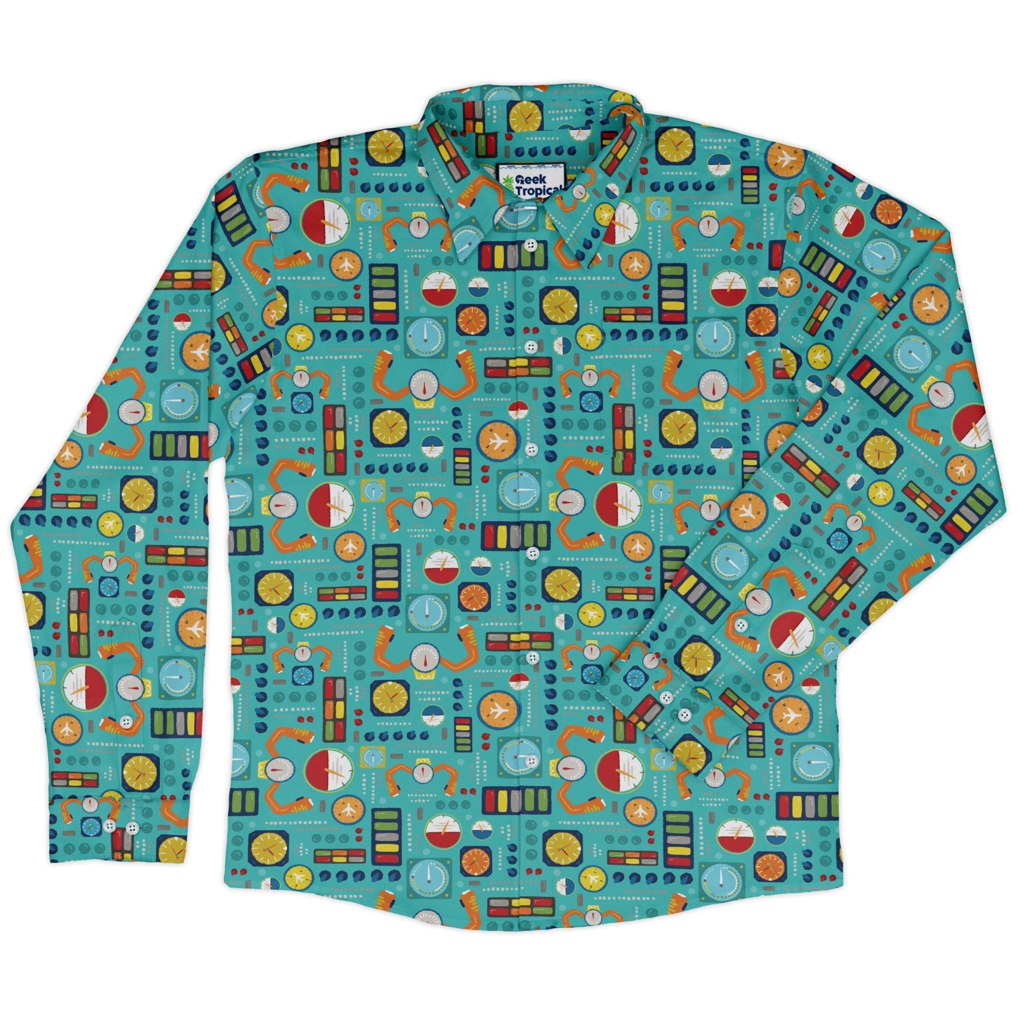 Aviation Adventure instrument Long Sleeve Button Up Shirt Geek Nerd adult sizing aviation print Design by Zirkus Design