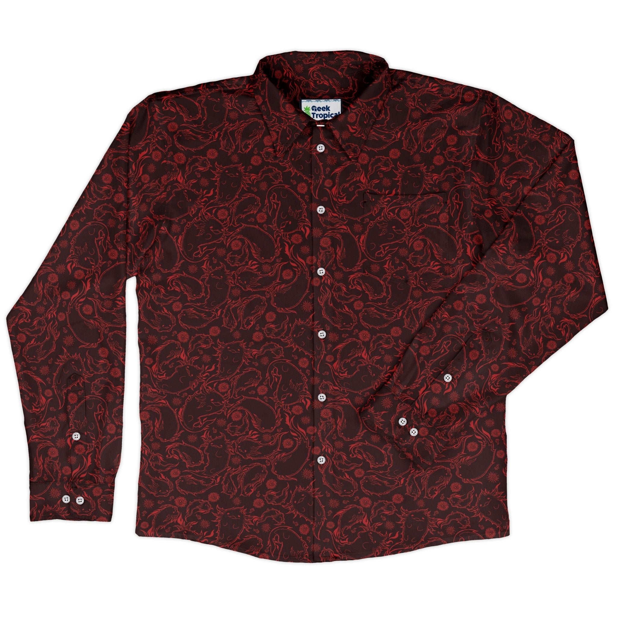 Axolotl Firebending Salamanders Long Sleeve Button Up Shirt Geek Nerd adult sizing Anime Design by Ardi Tong