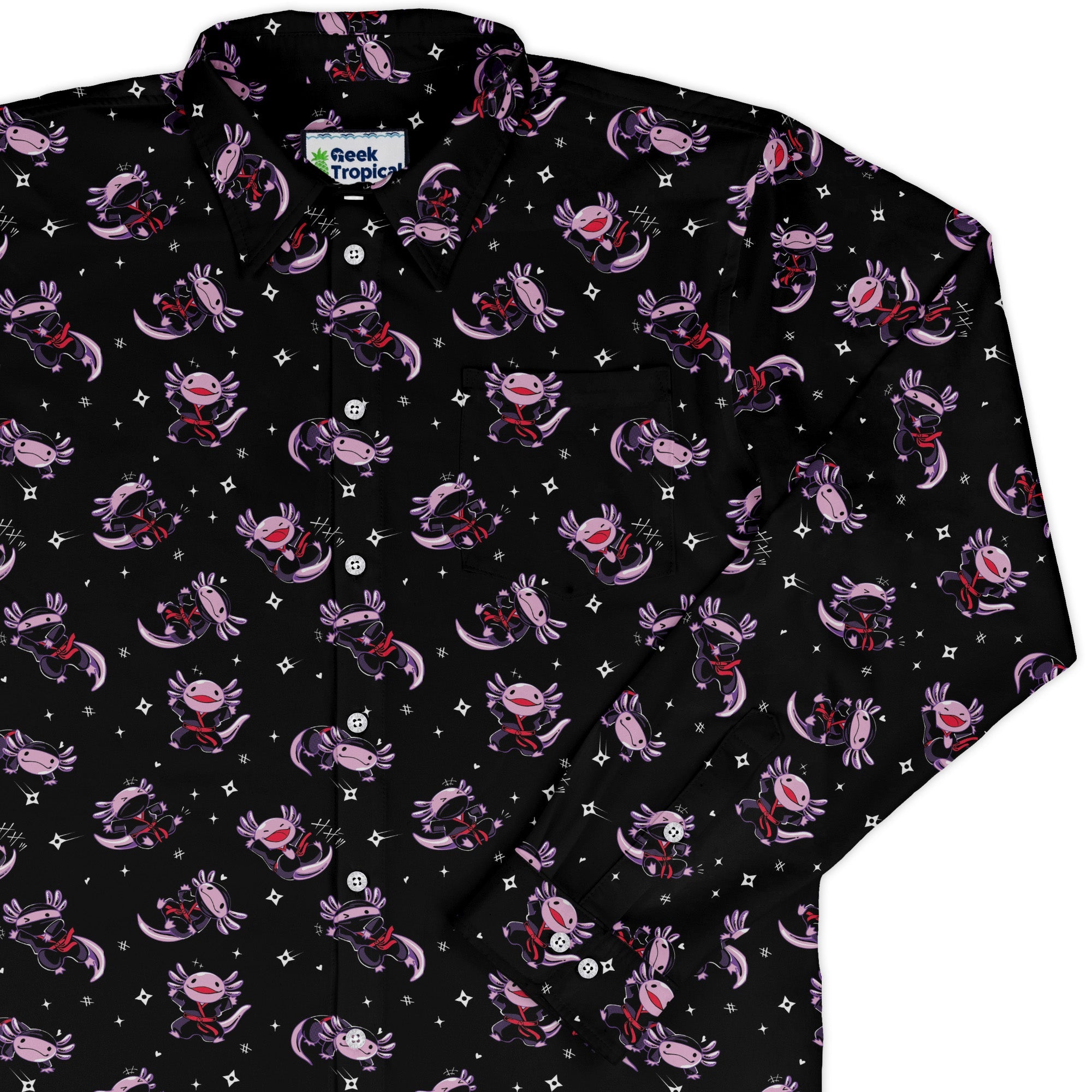 Axolotl Ninjas Long Sleeve Button Up Shirt Geek Nerd 0925 adult sizing All Adult Button Up Shirts