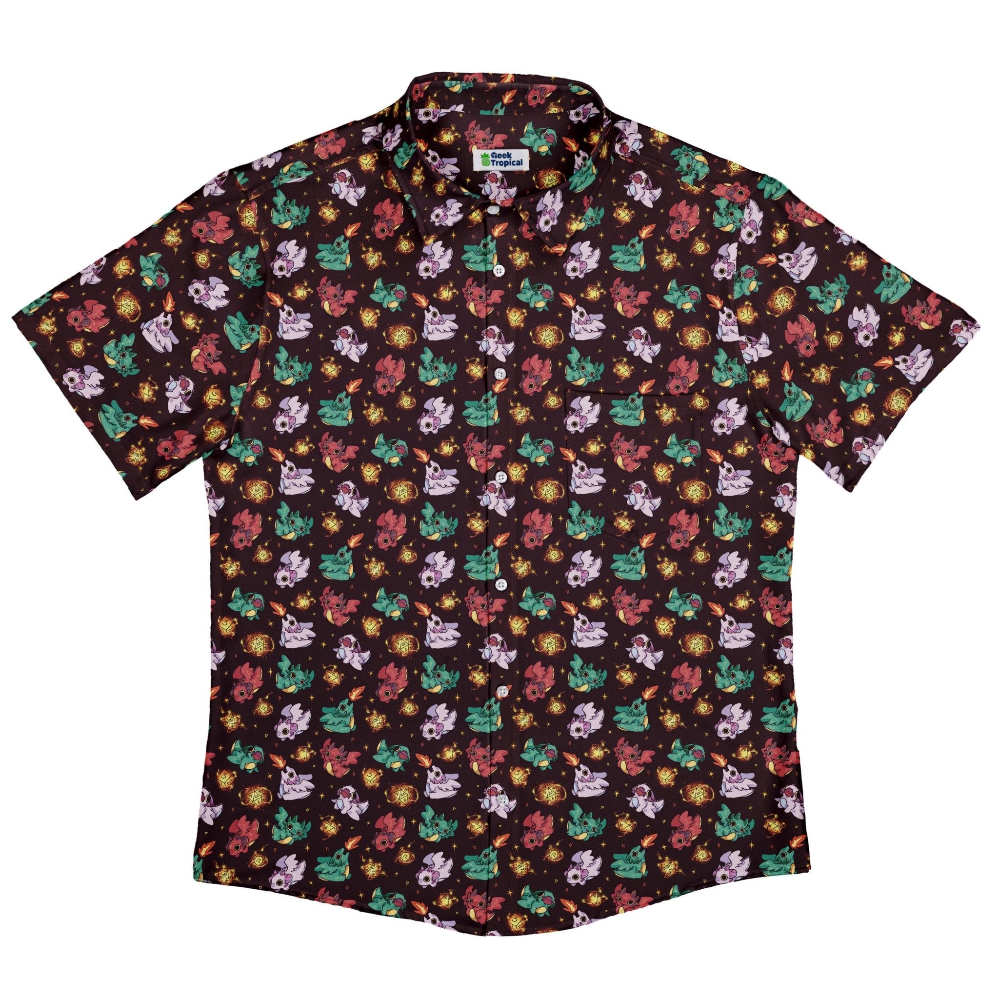 Baby Dragon Familiars Button Up Shirt Geek Nerd adult sizing Design by Ardi Tong dnd & rpg print