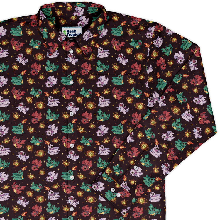 Baby Dragon Familiars Long Sleeve Button Up Shirt Geek Nerd adult sizing Design by Ardi Tong dnd & rpg print