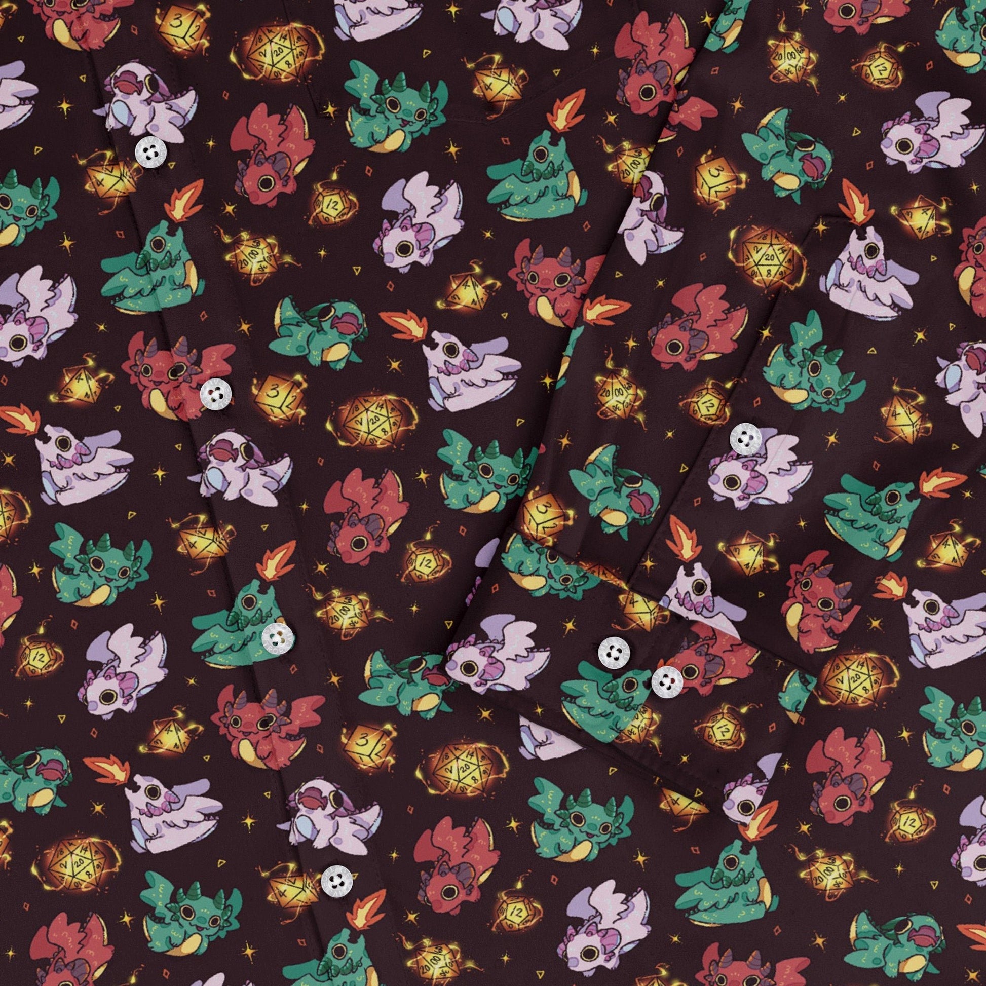 Baby Dragon Familiars Long Sleeve Button Up Shirt Geek Nerd adult sizing Design by Ardi Tong dnd & rpg print