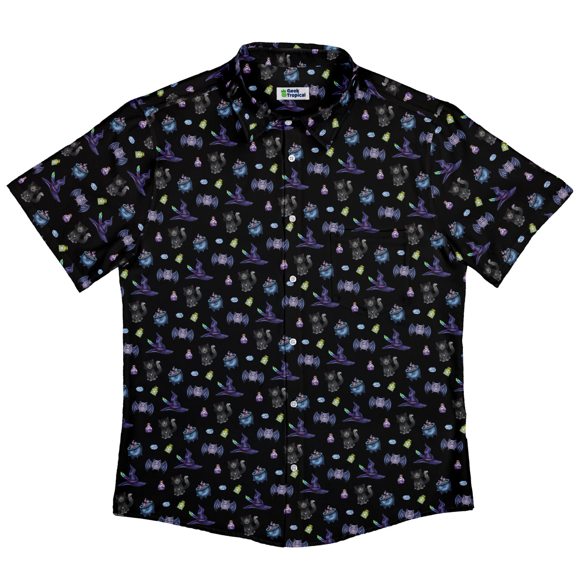 Bats Cats Hats Button Up Shirt Flat Front