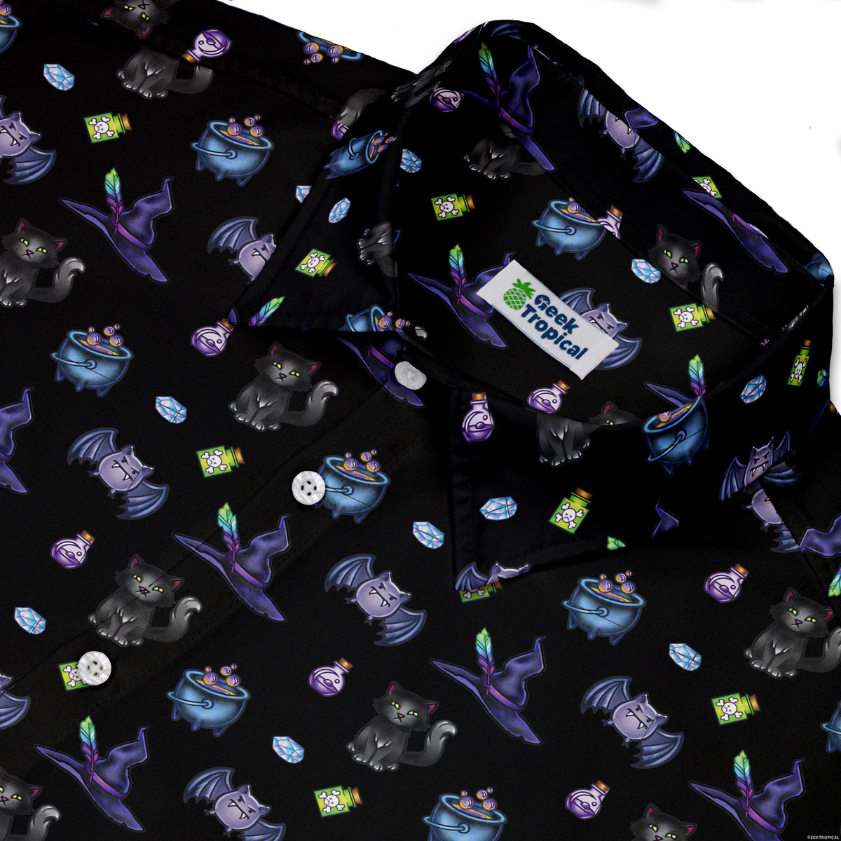 Bats Cats Hats Button Up Shirt Neck