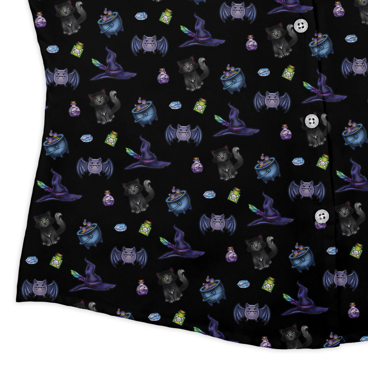 Bats Cats Hats Curvy Button Up Shirt womens corner