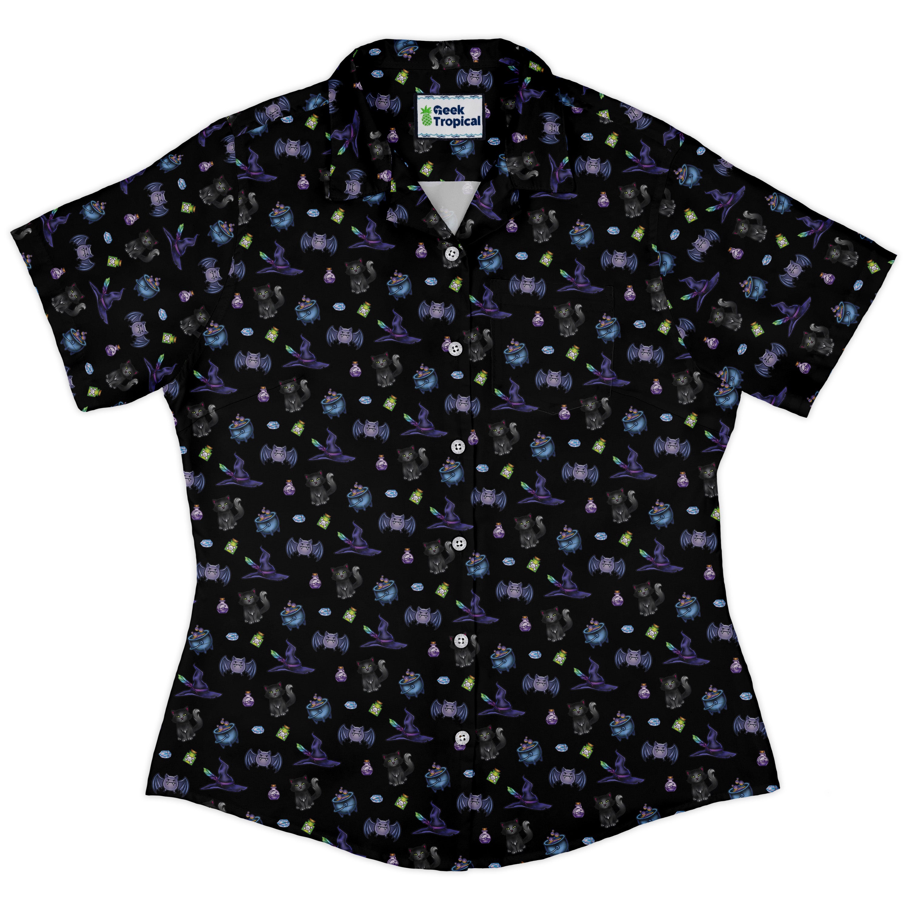 Bats Cats Hats Curvy Button Up Shirt womens front