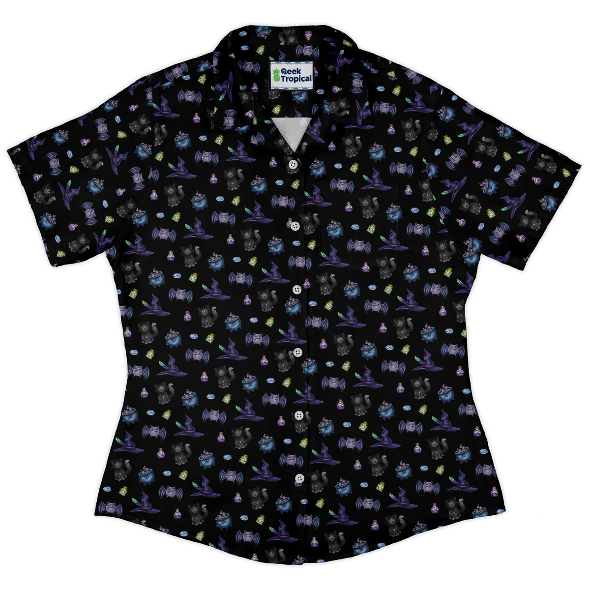 Bats Cats Hats Curvy Button Up Shirt womens front
