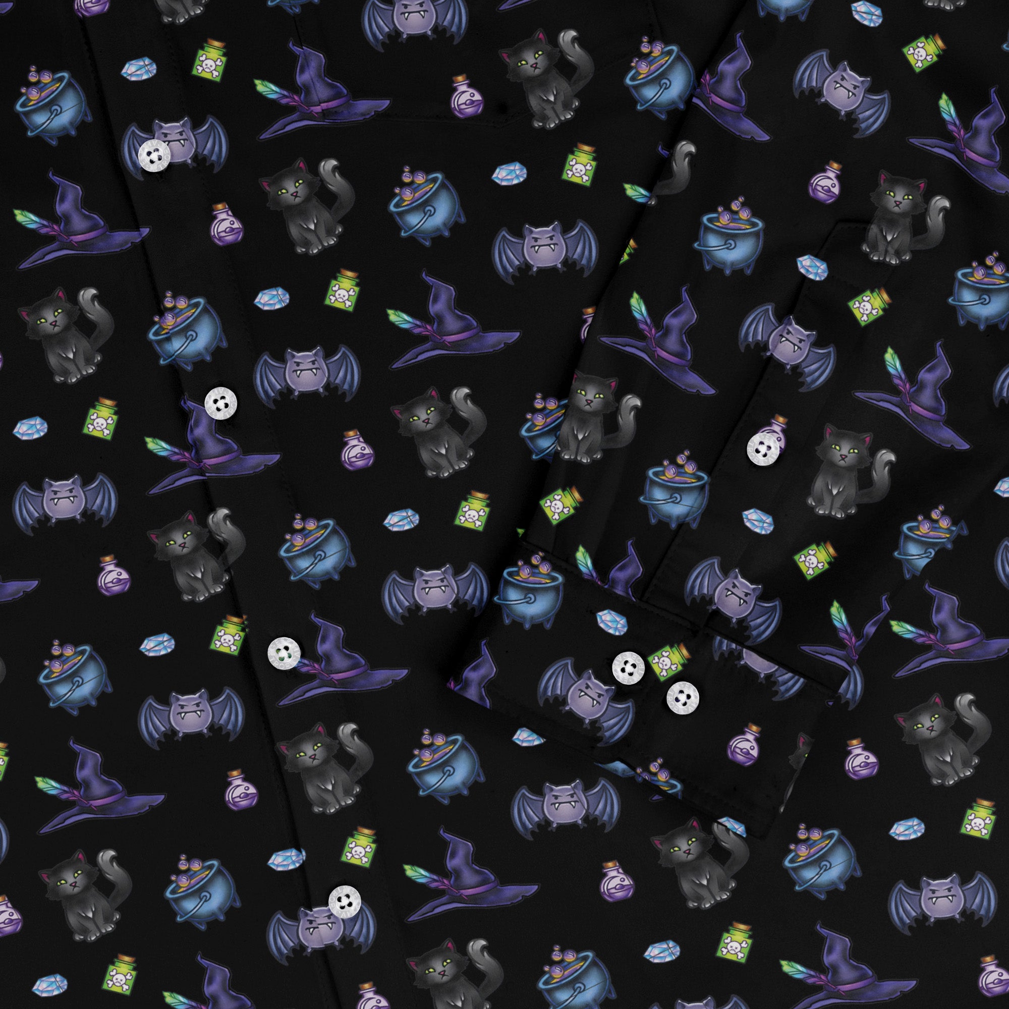 Bats Cats Hats Long Sleeve Button Up Shirt Old Long Sleeve Button Up Shirt sleeve close