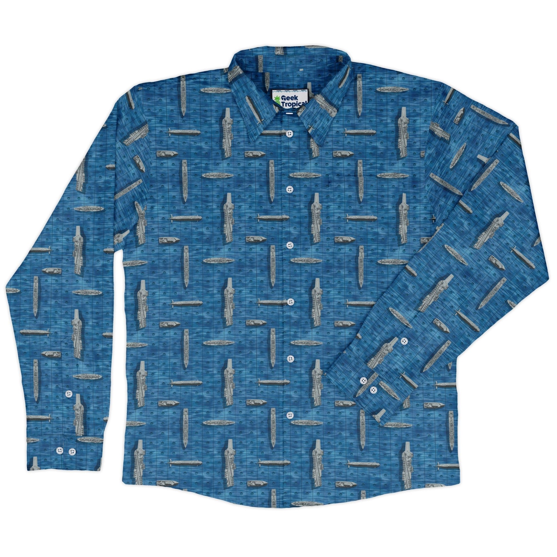 Battleship Long Sleeve Button Up Shirt Geek Nerd adult sizing board game print Designs by Nathan
