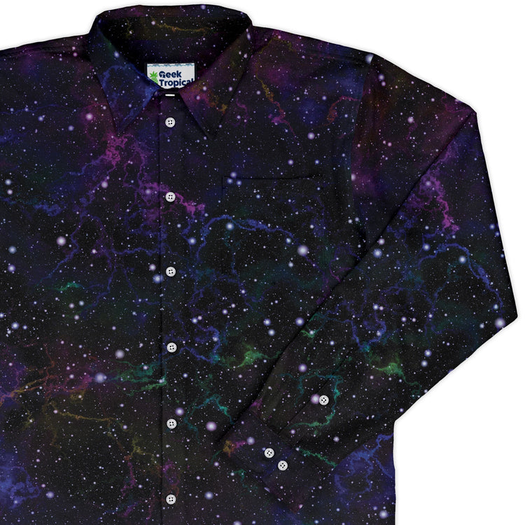 Beautiful Nebula Outer Space Long Sleeve Button Up Shirt Geek Nerd adult sizing FLOW DESC WRITING outer space & astronaut print