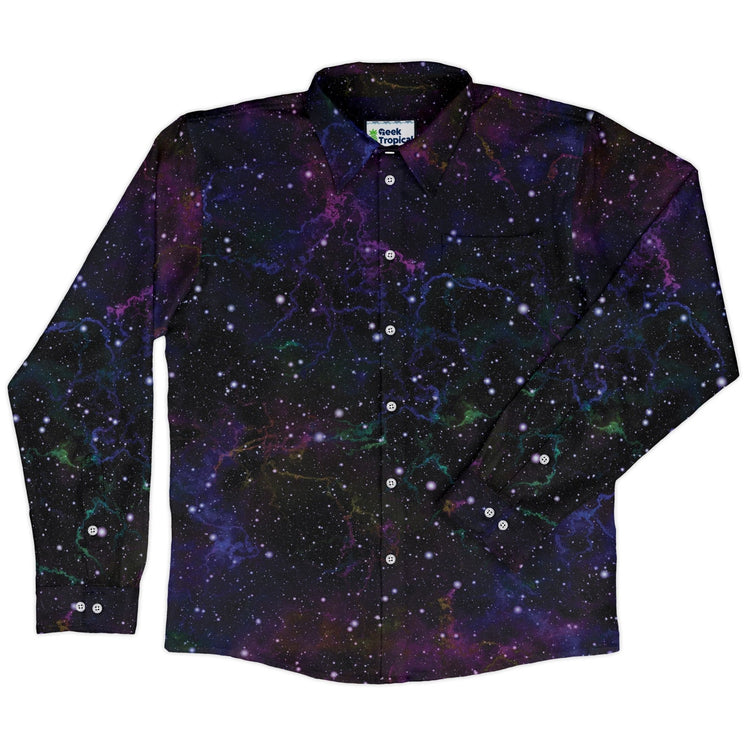 Beautiful Nebula Outer Space Long Sleeve Button Up Shirt Geek Nerd adult sizing FLOW DESC WRITING outer space & astronaut print