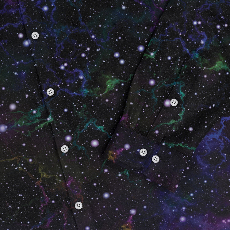 Beautiful Nebula Outer Space Long Sleeve Button Up Shirt Geek Nerd adult sizing FLOW DESC WRITING outer space & astronaut print