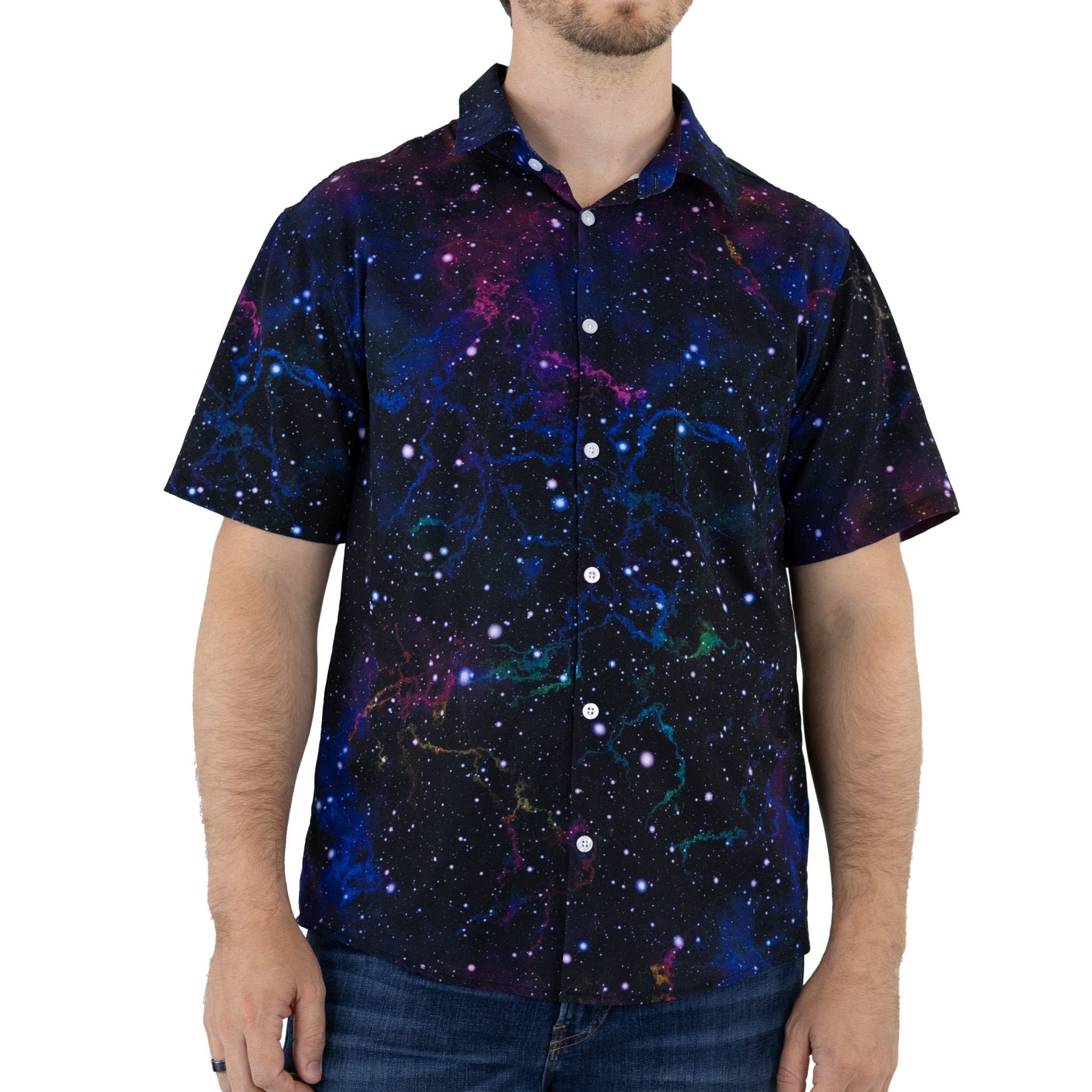 Ready - to - Ship - Beautiful Nebula Outer Space Button Up Shirt Geek Nerd adult sizing fix outer space & astronaut print
