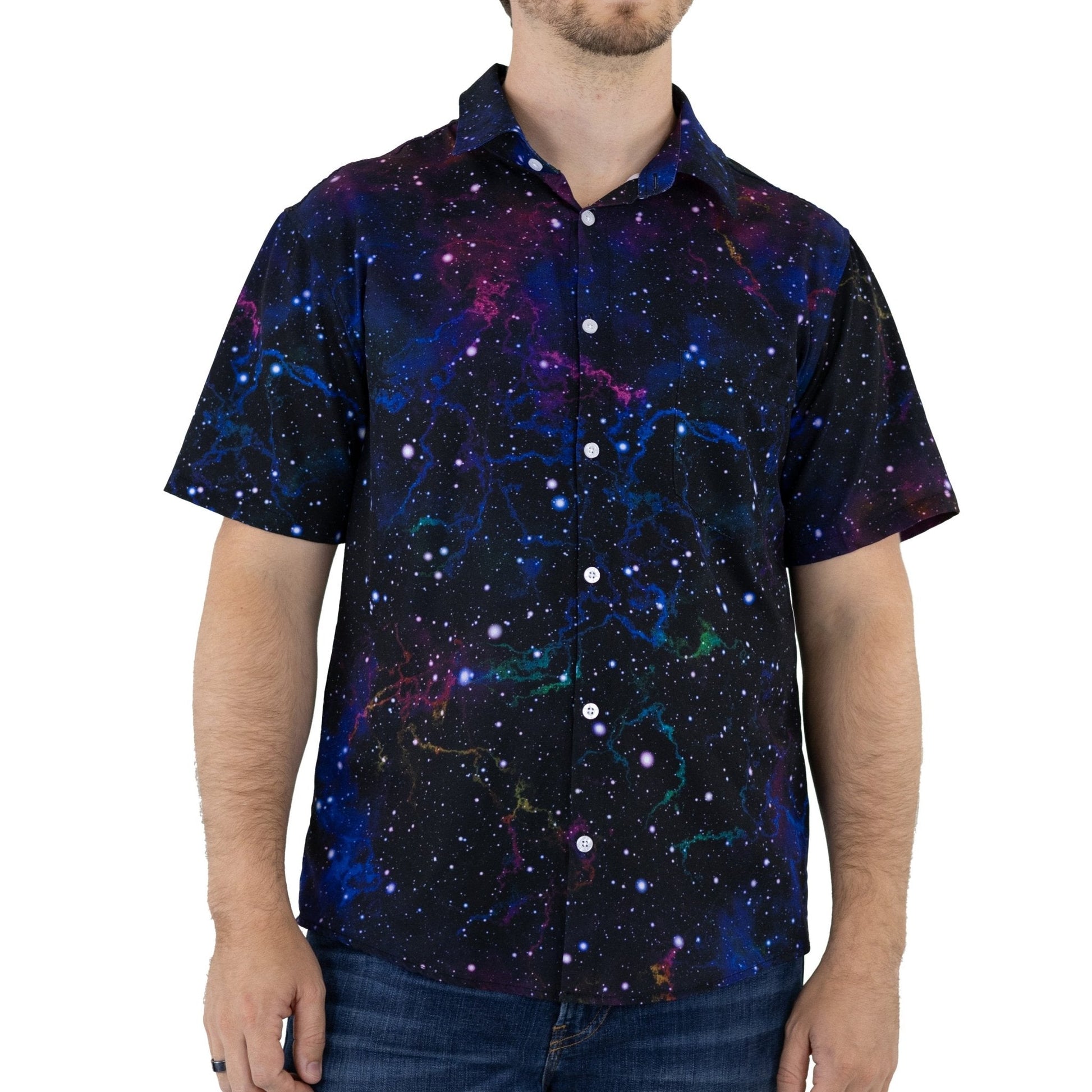 Clearance Ready - to - Ship Beautiful Nebula Outer Space Button Up Shirt Geek Nerd adult sizing Clearance outer space & astronaut print