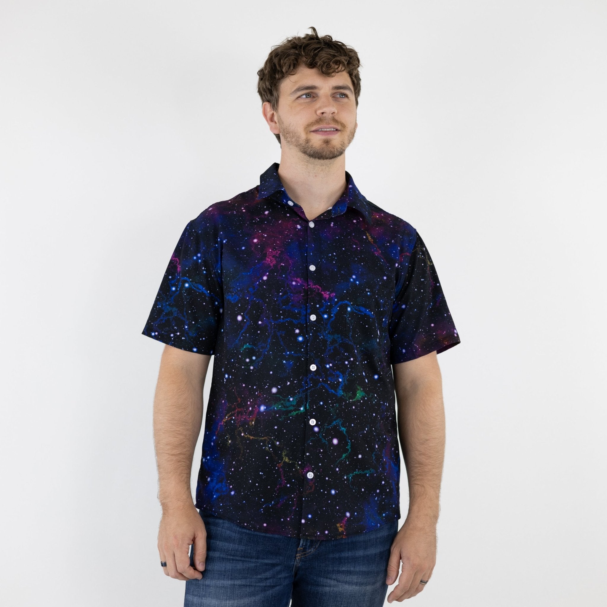 Ready - to - Ship - Beautiful Nebula Outer Space Button Up Shirt Geek Nerd adult sizing fix outer space & astronaut print