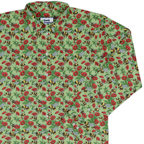 Bee - autiful Garden Long Sleeve Button Up Shirt Geek Nerd adult sizing botany print Design by Julie Kitzes