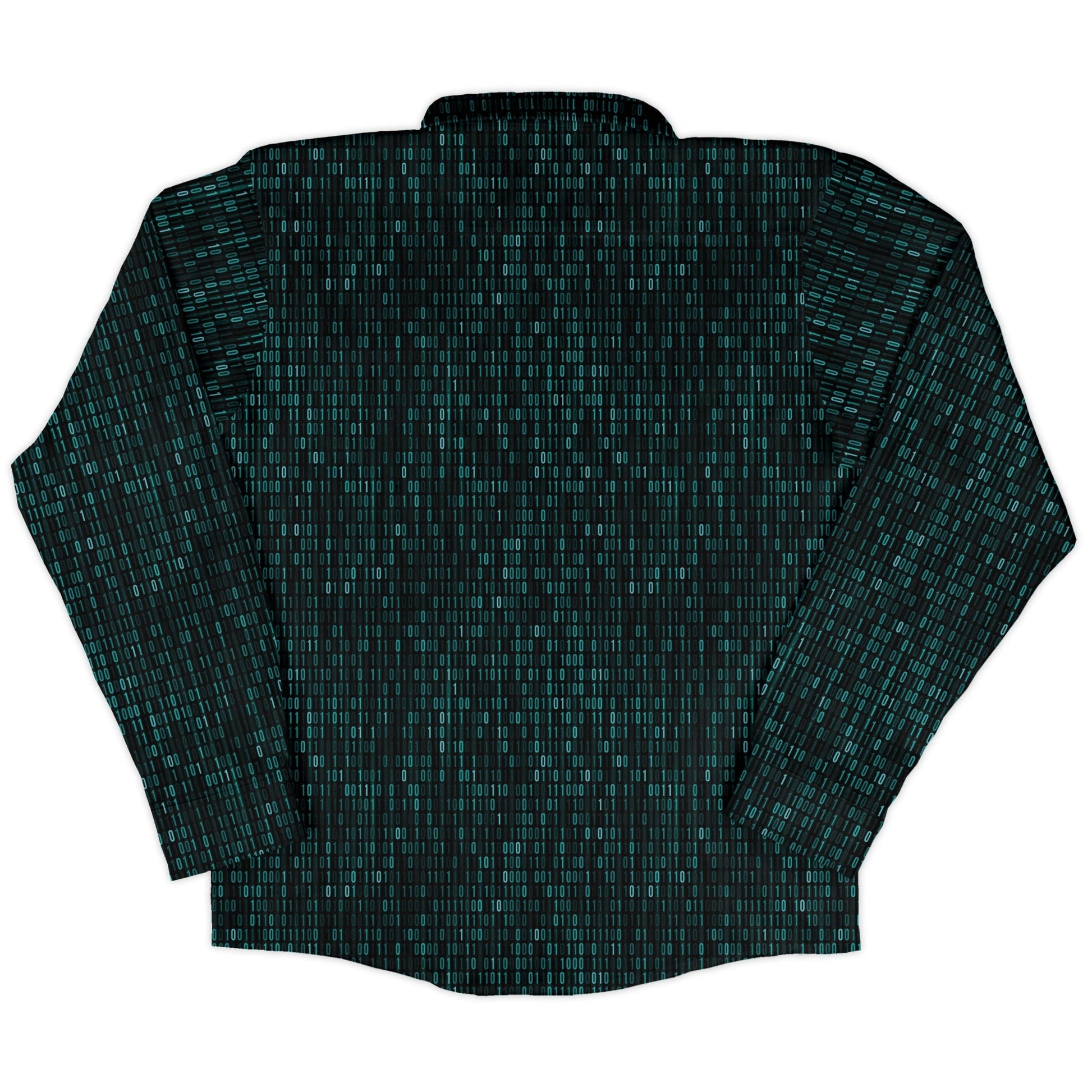 Binary Computer 1s and 0s Teal Black Long Sleeve Button Up Shirt Geek Nerd adult sizing computer print FLOW DESC WRITING