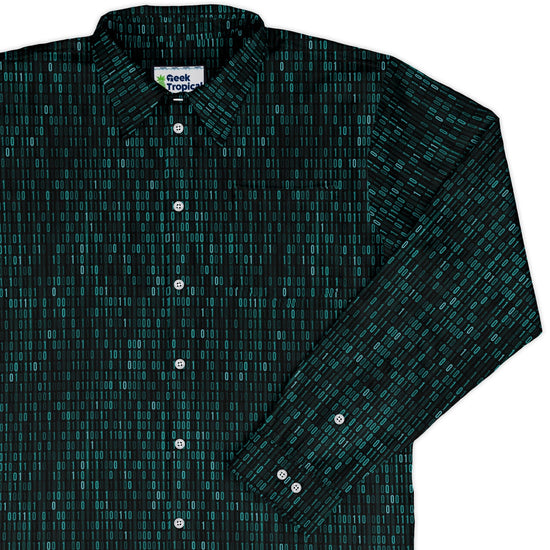 Binary Computer 1s and 0s Teal Black Long Sleeve Button Up Shirt Geek Nerd adult sizing computer print FLOW DESC WRITING