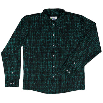 Binary Computer 1s and 0s Teal Black Long Sleeve Button Up Shirt Geek Nerd adult sizing computer print FLOW DESC WRITING
