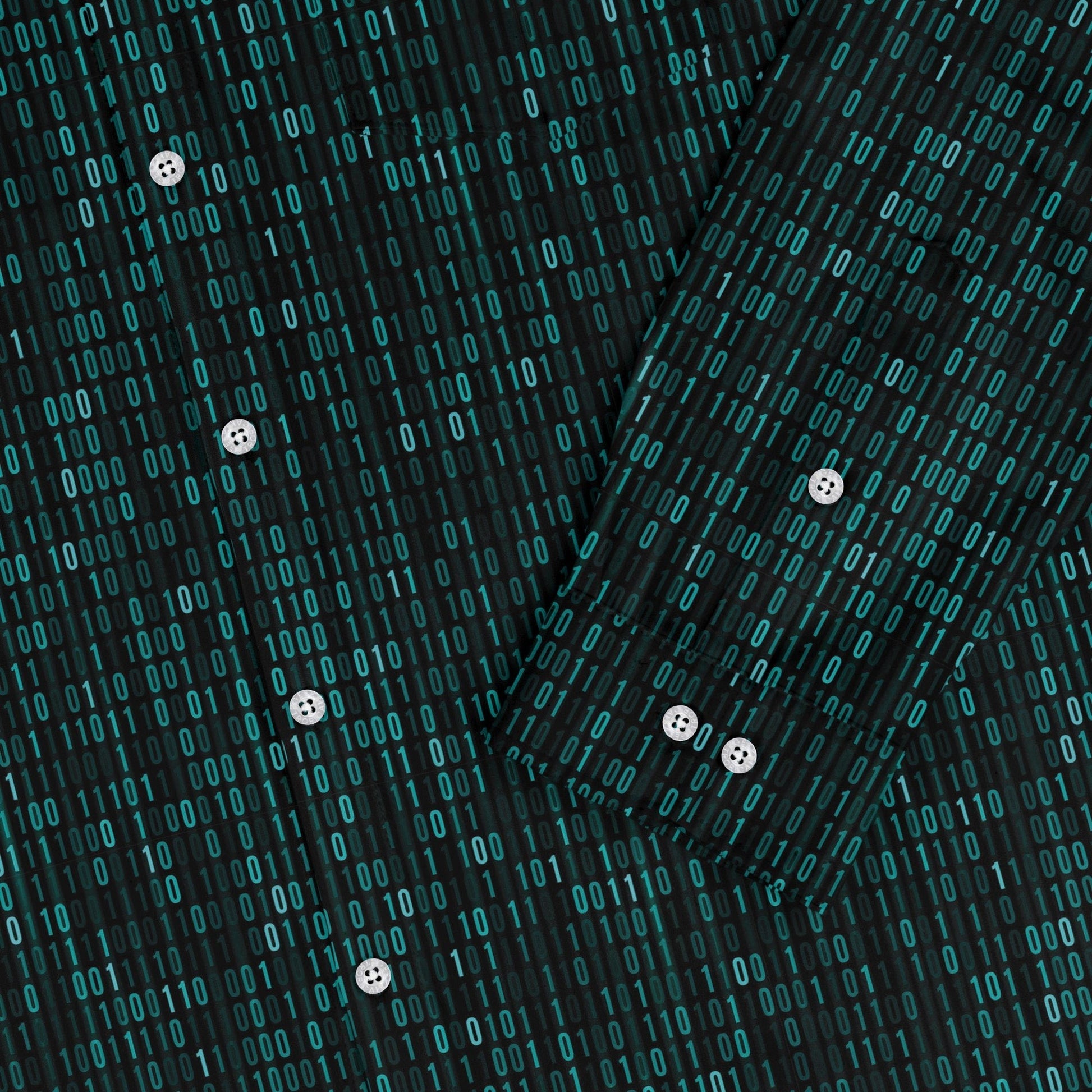 Binary Computer 1s and 0s Teal Black Long Sleeve Button Up Shirt Geek Nerd adult sizing computer print FLOW DESC WRITING